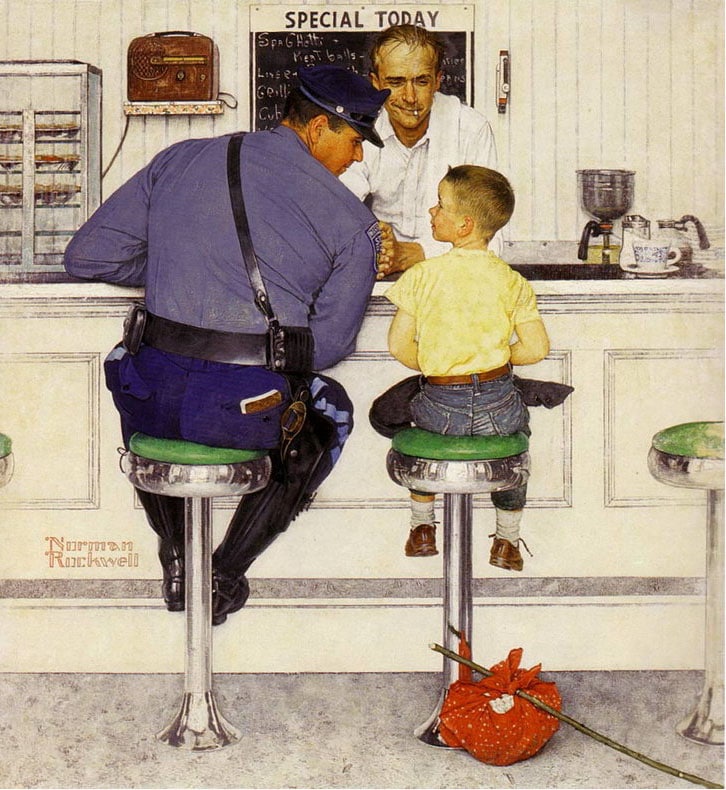 'The Runaway' - by Norman Rockwell - 1958 - the Saturday Evening Post cover - oil on canvas - The Norman Rockwell Museum of Stockbridge, MA.